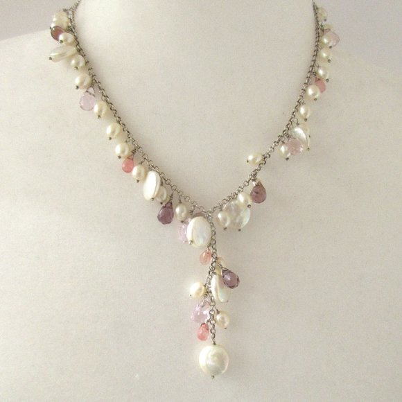 Jewelry - Mother of Pearl Pink & White Beaded Drop Necklace